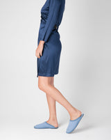 model wearing sky blue  le clare stella boiled wool hotel house slipper