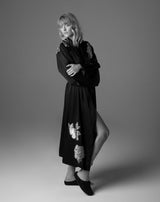 Model wearing le clare shine sequined clogs